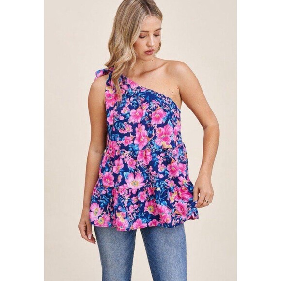 Staccato Floral Print One Shoulder Tiered Ruffle Top‎ Boutique M Tie Whimsy - Picture 1 of 5